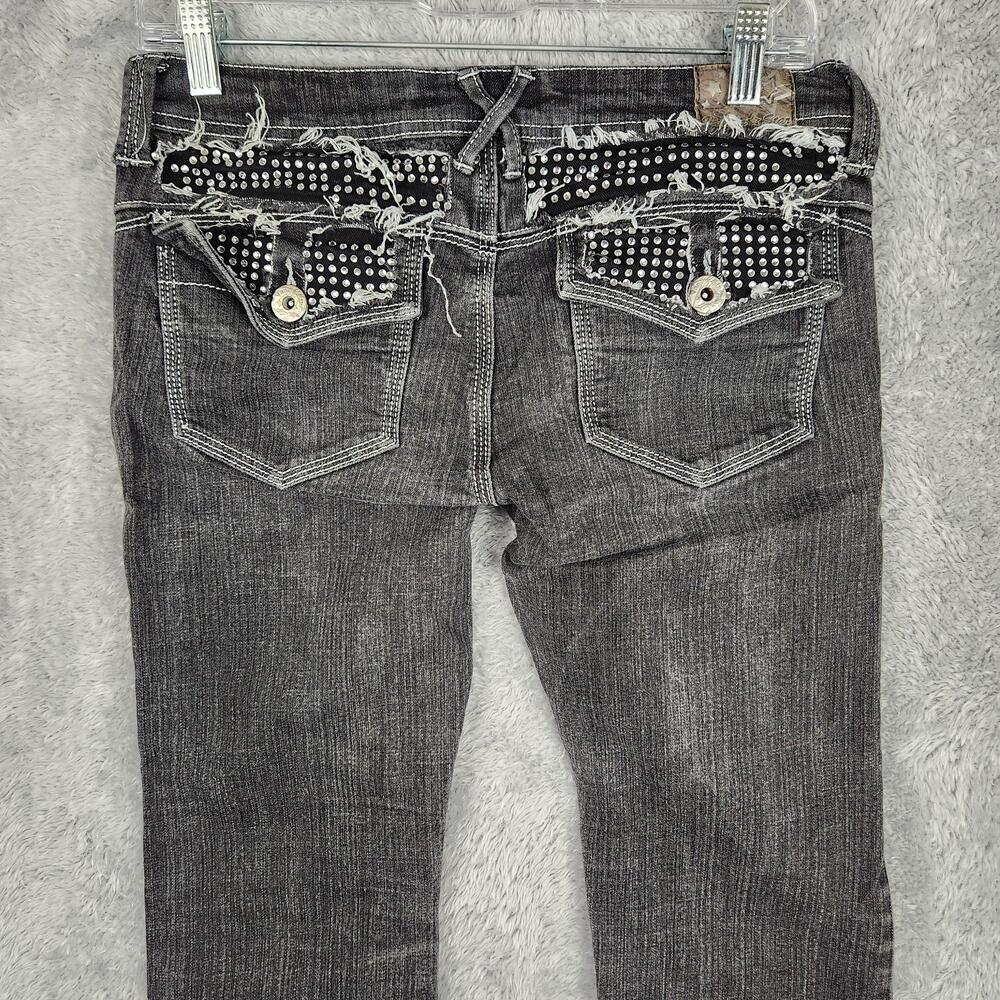 Vanilla Star Jeans Womens 9 Gray Low Rise Straight Studded Fringe Stretch Grunge